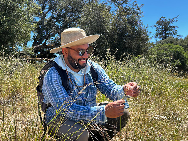 Smiling man in straw hat, blue plaid shirt and sunglasses, squatting in grassy field, examining a plant. UC Davis Department of Plant Sciences