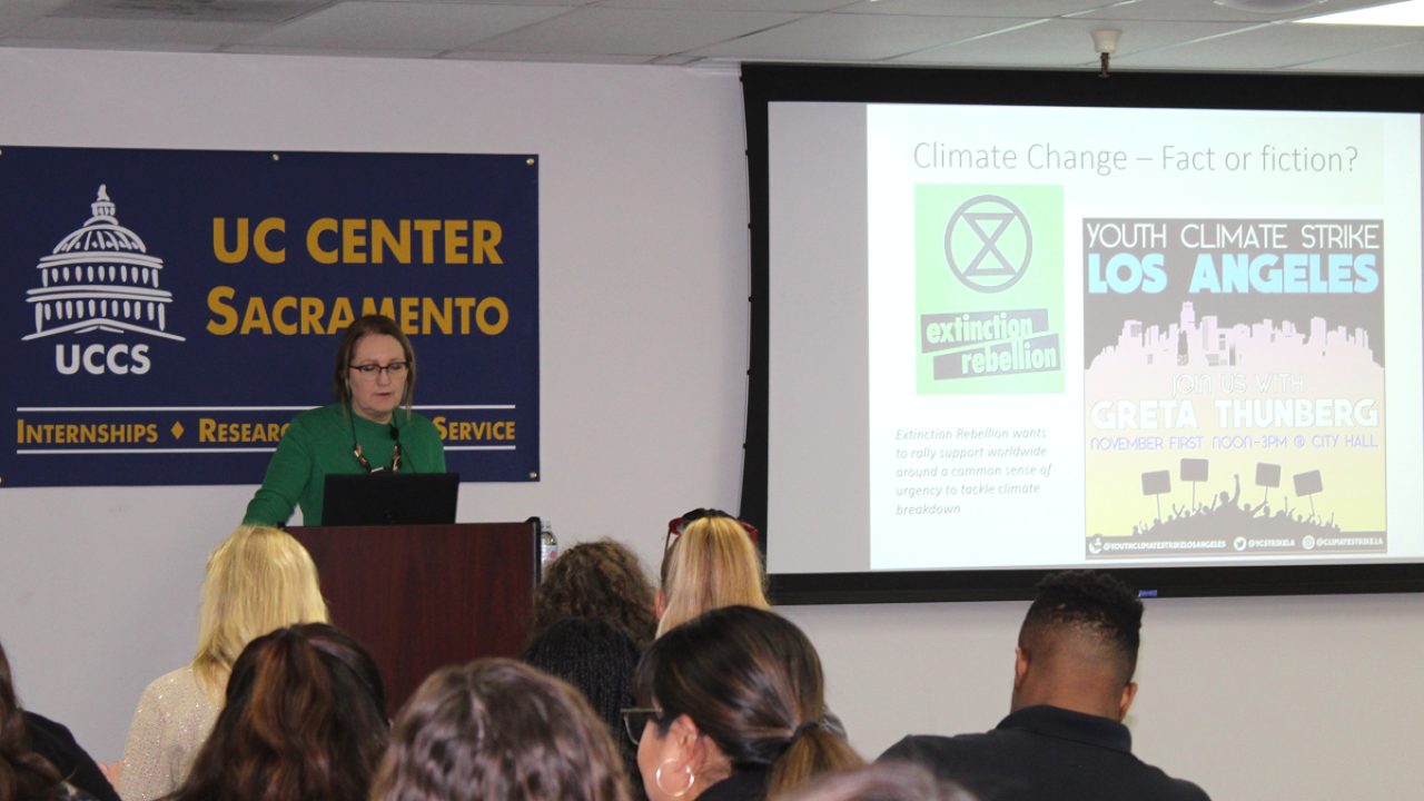 Professor Gail Taylor, Plant Sciences, UC Davis, speaks to policy-makers and others at UC Center Sacramento about climate change impacts on agriculture. (photo UC Center Sacramento) Professor Gail Taylor, Plant Sciences, UC Davis, speaks to policy-makers and others at UC Center Sacramento about climate change impacts on agriculture. (photo UC Center Sacramento)
