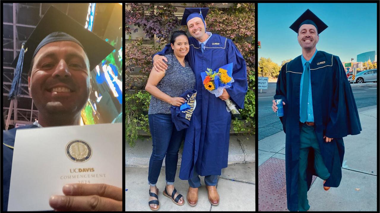 Three images together: A very happy man wearing a blue mortarboard and holding a certificate; the man with a happy woman; the man walking jauntily on a street in a long blue robe, blue mortarboard and holding a beverage.