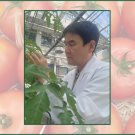 Man wearing white lab coat in a greenhouse with his hands up into some green plants
