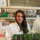 A man and a woman stand in a lab holding a tray of baby plants 