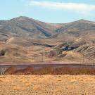 Dry hillsides rise above dry fields. Brown, brown, brown